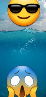 Sunglasses emoji above water with shocked emoji underwater.