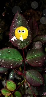 Vibrant emoji resting on dewy green leaves.