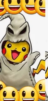 Pikachu in a ghost costume with cheerful emojis on a phone wallpaper.