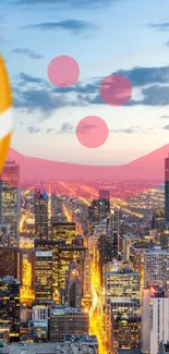 City skyline with mask emoji and vibrant sky.