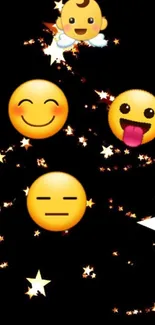 Playful emoji faces with stars on a black background.