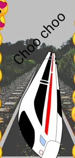 A dynamic train with emoji borders on a scenic track.