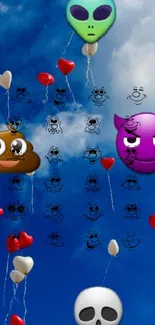 Floating emojis and heart balloons in a vibrant blue sky.