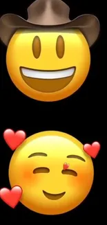 Two expressive emojis on a black background, one with a cowboy hat and the other with hearts.