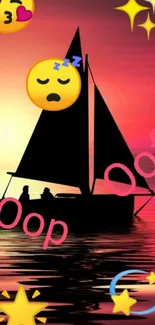 A sailboat silhouette against an orange sunset with playful emojis.