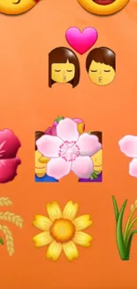 Vibrant orange wallpaper with emojis, hearts, and flowers.