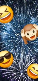 Fun emojis with a dazzling fireworks background.