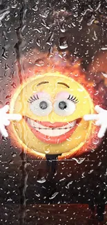 Smiling emoji with rain droplets and fiery glow.