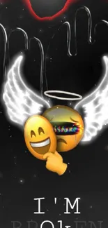 Angel emoji with halo and wings on black background.