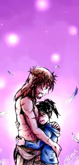 Anime art of an embrace with a purple background.