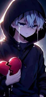 Anime character in hoodie with broken heart, dark theme.