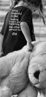 Black and white wallpaper, child with toy and deep quote.