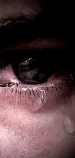 Close-up image of an emotional eye with tears in dark tones.