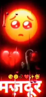 A sad glowing emoji with hearts on a vibrant red background.