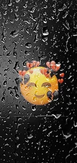 Smiling emoji with hearts and raindrops on a dark mobile wallpaper.