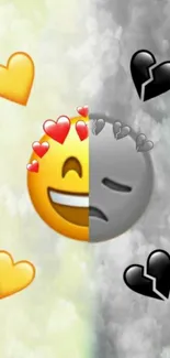 Split emoji with hearts and grayscale background wallpaper.