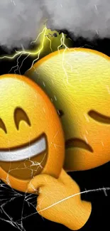 Emotional emoji storm wallpaper with rain and expressive faces.