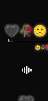 Emotional emoji wallpaper with heart, rose, and sad face on black background.