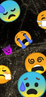 Vibrant emotional emojis on a dark background.