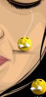 Emotional digital art with a woman's face and yellow emojis on a black background.