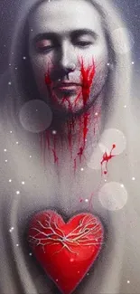 Serene face with red heart art on mobile wallpaper.