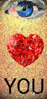 Illustrated red heart and eye on gold glitter background.