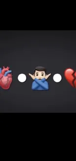 Heart emoji, shrug, and broken heart on a dark background.