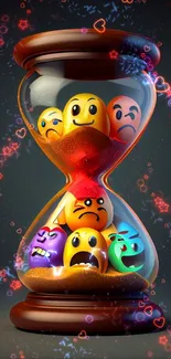 Vibrant hourglass with emotive faces in colorful illustration.