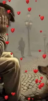 Man sitting with a dog on a foggy street with floating red hearts.