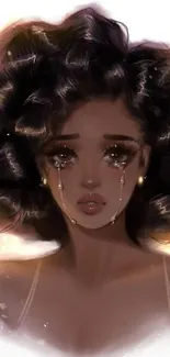 Emotional art wallpaper of a young woman with curly hair and teary eyes.