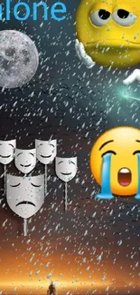 Mobile wallpaper with emojis and raindrops on a dark night background.