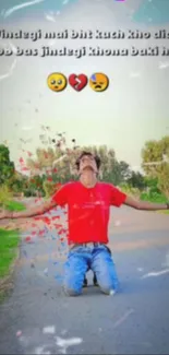 Young person kneeling on a road with arms open, surrounded by nature.