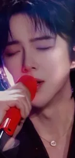 Singer performing with red microphone in a passionate expression.