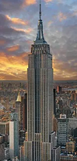 Empire State Building at sunset with a vibrant cityscape.