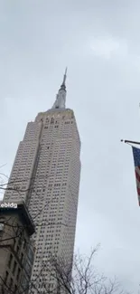 Skyscraper view of Empire State Building with cloudy sky.