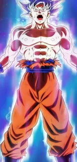 Anime character with blue aura and orange outfit in dynamic pose.