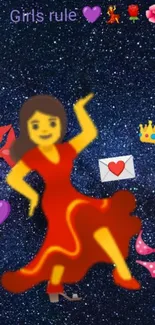 Vibrant night sky wallpaper with dancing emoji and empowering symbols.