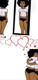 Illustration of self-love with mirror reflection and hearts.