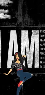 Empowering mobile wallpaper with 'I AM' text and affirmations in artistic design.