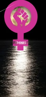 Pink feminist symbol over black water reflection wallpaper.