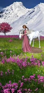 Fantasy scene with unicorn, maiden, and alpine landscape.