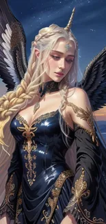 Fantasy art wallpaper of an angelic figure with wings and sunset.