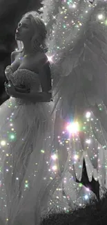 Enchanting angel with glittering sparkles in gray tones for mobile wallpaper.