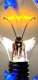 Fantasy lightbulb with angel figure art wallpaper.