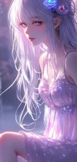 Anime girl with floral hair in ethereal lavender setting.