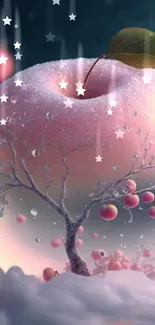 Mystical apple with tree and stars, pink hues dominate.