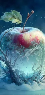 Enchanted red apple encased in ice with swirling blue mist.