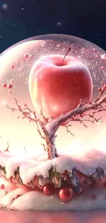 Fantasy pink apple snow globe wallpaper with delicate details.