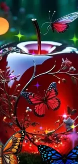 Red apple with butterflies and glowing lights in a fantasy scene.