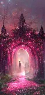 Mysterious pink-lit archway in fantasy forest wallpaper.